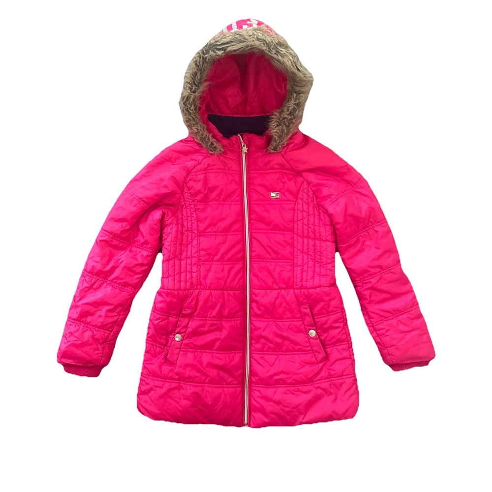 Tommy‎ Hilfiger Girls XL 16 Pink Hooded Winter Jacket Faux Fur Trim Logo Puffer